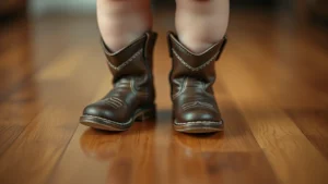 Tiny baby feet in miniature leather cowboy boots standing on hardwood floor, soft natural lighting, close-up perspective