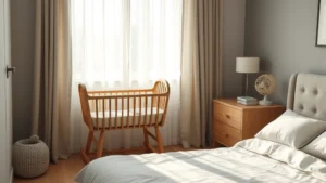 Peaceful nursery scene with a gently rocking wooden cradle positioned beside a modern bed, soft natural morning light streaming through sheer curtains, creating a calm sleeping environment