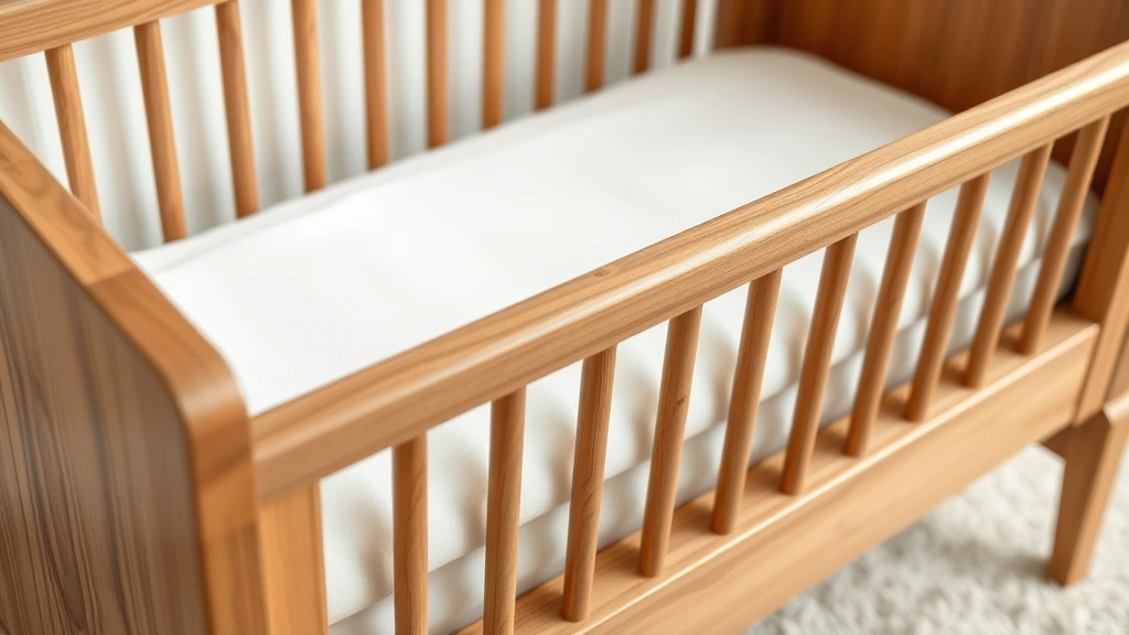 Close-up detail of a baby cradle's smooth wooden construction showing quality craftsmanship, firm mattress with fitted sheet, and proper slatted design for ventilation and safety