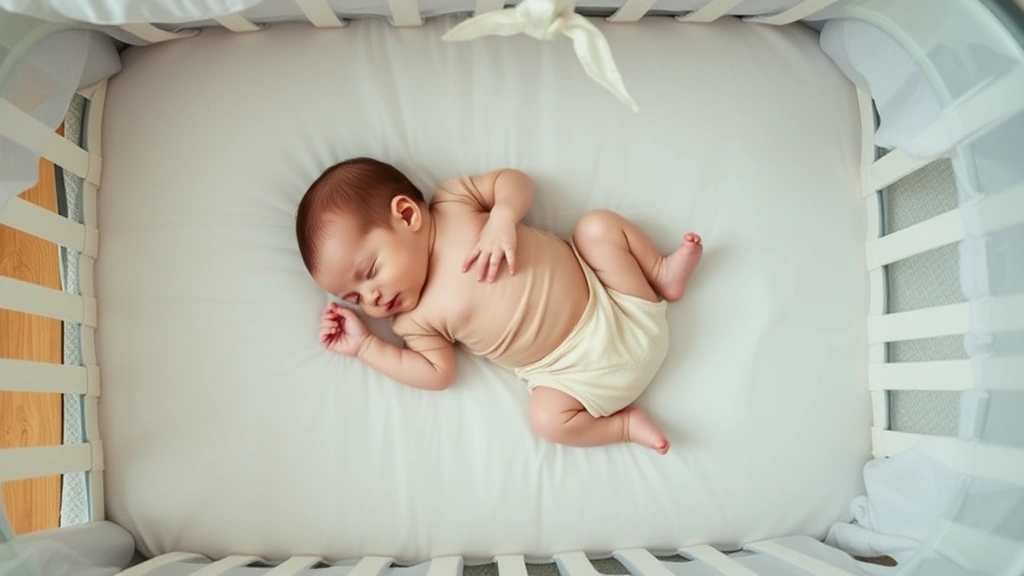 Overhead view of a small infant peacefully sleeping on their back in a well-organized cradle with minimal bedding, showing proper safe sleep positioning and environment