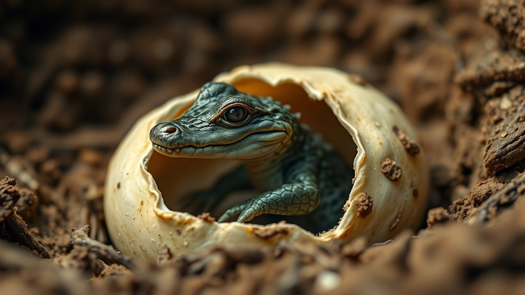 Close-up of a tiny crocodile hatchling emerging from a leathery egg shell, muddy nest background, natural lighting, photorealistic