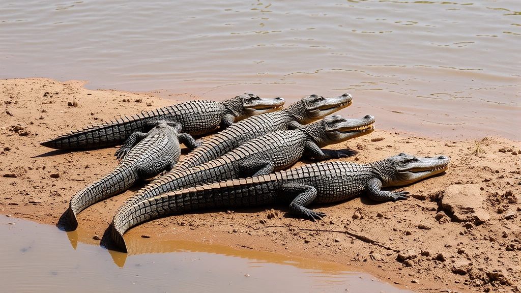 Group of juvenile crocodiles basking on a muddy riverbank in bright sunlight, water visible, realistic wildlife photography style