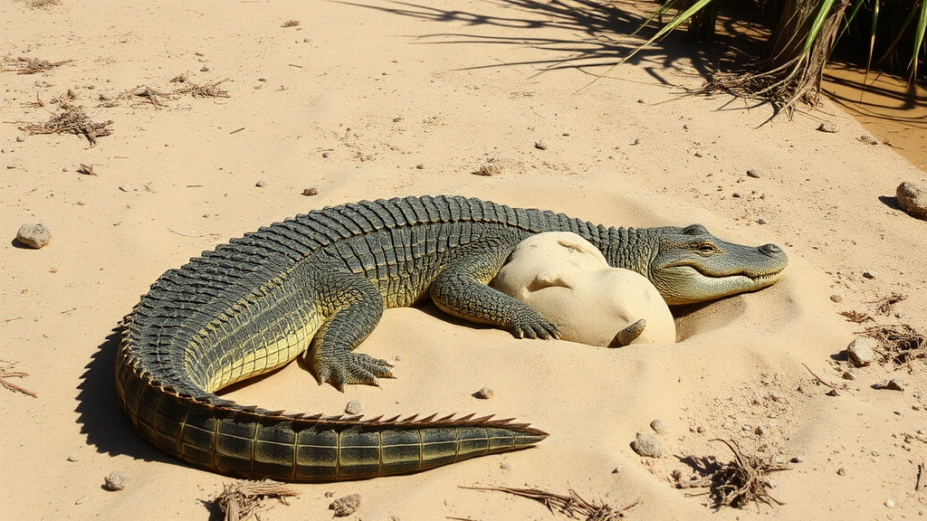 Adult female crocodile protecting her nest in sandy terrain near water, vigilant posture, natural habitat setting, photorealistic detail