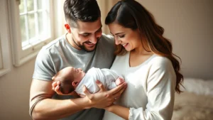 Proud parents holding their newborn baby during a tender family moment in soft natural light, showing love and connection