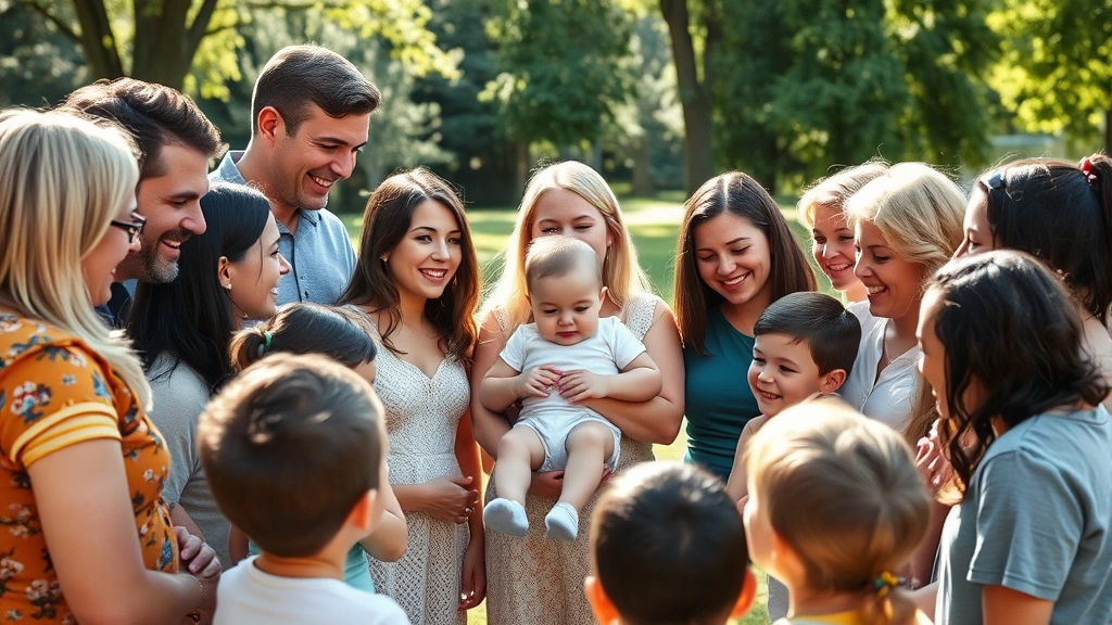 A diverse group of adults and children gathered in a circle outdoors, smiling warmly at a baby being held in the center, natural sunlight filtering through trees
