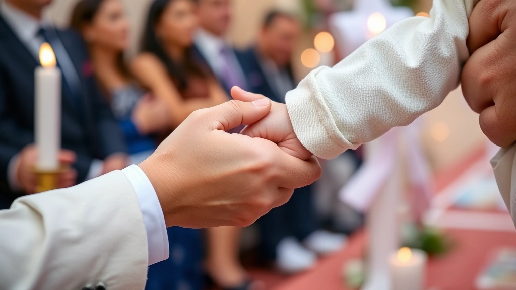 Close-up of hands holding a baby's hand during a ceremonial moment, with blurred background showing attendees and decorative elements like candles or flowers