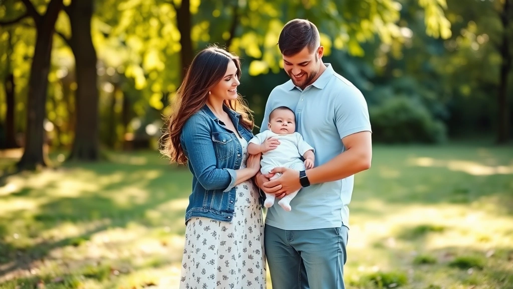 Parents standing together with their infant in a peaceful natural outdoor setting with sunlight filtering through trees