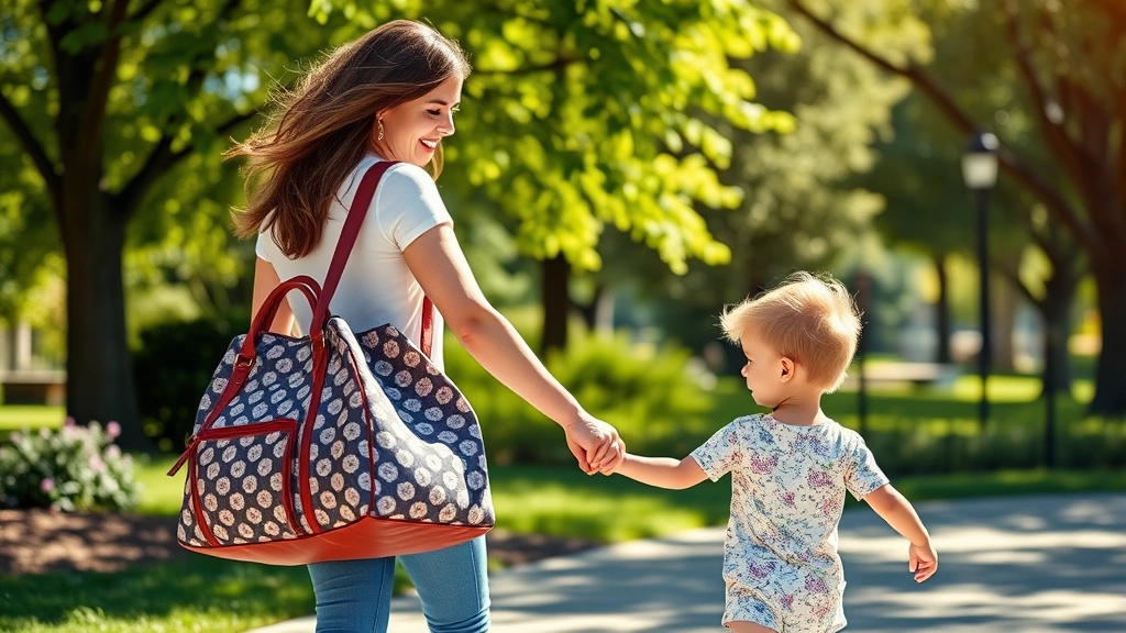 A busy parent confidently carrying a stylish diaper bag while holding a toddler's hand in a sunny park setting