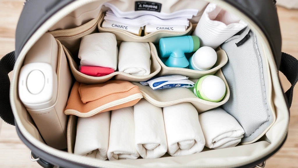 Interior organization detail of a well-organized diaper bag showing multiple compartments with diapers, wipes, and baby supplies neatly arranged