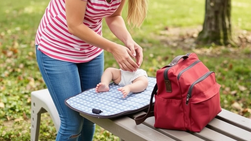 Parent changing a baby's diaper outdoors using a portable changing pad, with a diaper bag positioned nearby on a bench