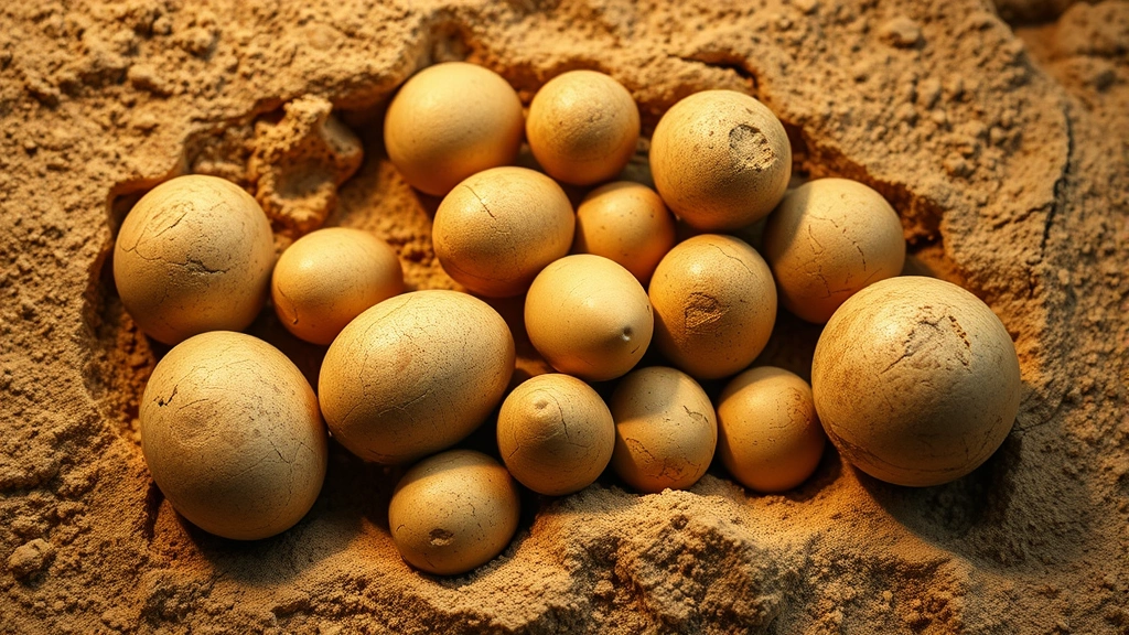 A cluster of fossilized dinosaur eggs partially embedded in sandy sediment, showing various egg sizes and textures in warm earthy tones, museum-quality lighting