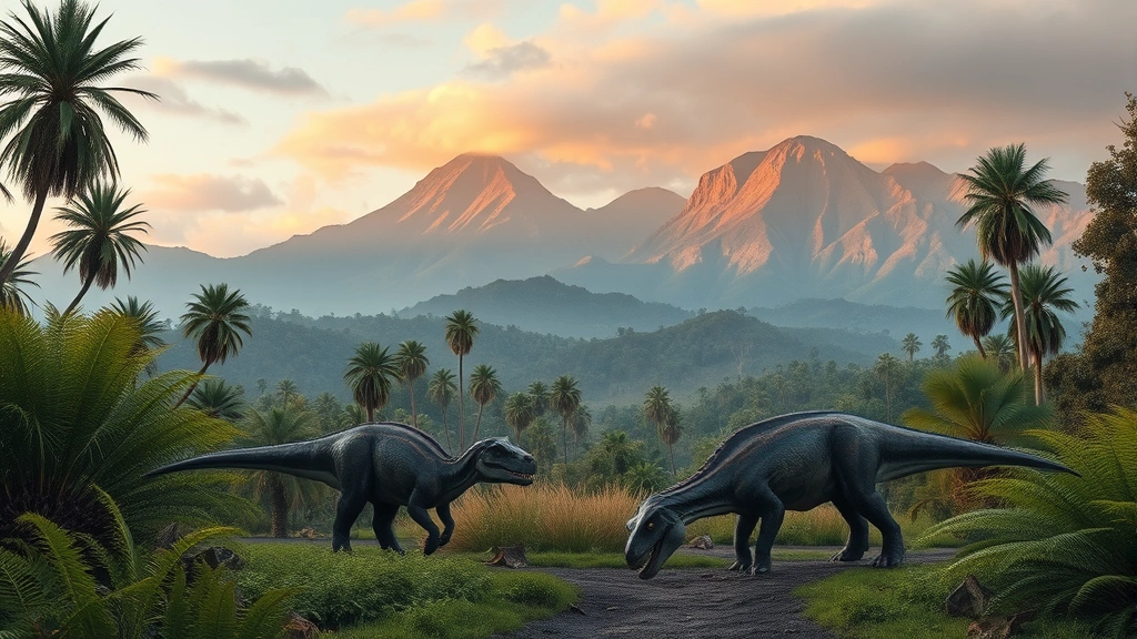 A prehistoric landscape scene with several juvenile dinosaurs of varying sizes grazing near ferns and cycads, volcanic mountains in misty background, golden hour lighting