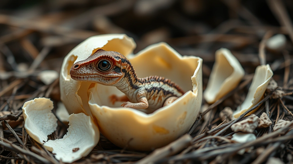 A detailed close-up of a small dinosaur hatchling emerging from its egg shell, surrounded by broken eggshell fragments and nest material, soft natural lighting