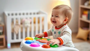 Toddler standing at colorful interactive musical toy table with bright buttons and lights, laughing with genuine joy, soft nursery lighting in background