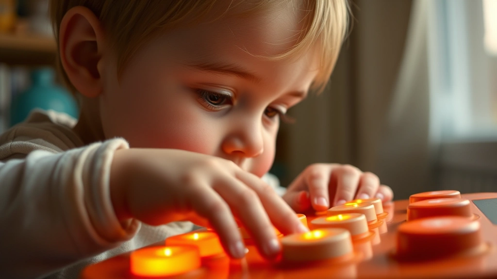 Close-up of small child's hands pressing illuminated buttons on musical toy, focused expression, warm natural light from nearby window
