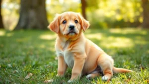 A playful golden-colored puppy sitting attentively on grass, looking up with bright eyes, sunlight dappling through trees in background
