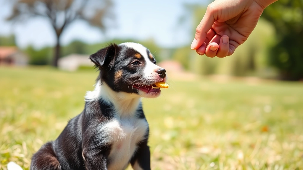 A young black and white puppy mid-training session receiving a treat from an adult's hand, outdoors on a sunny day