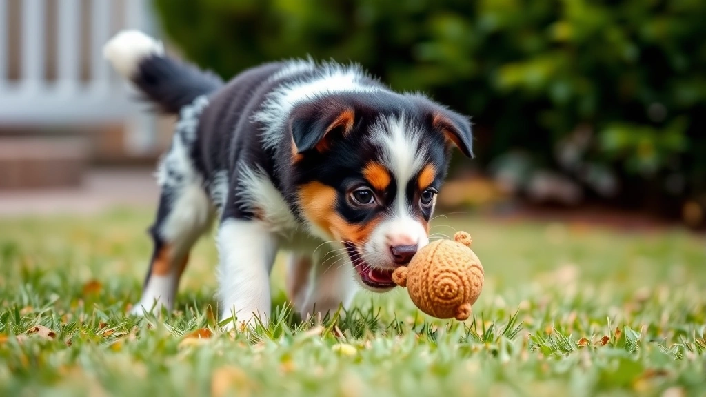 A curious multi-colored puppy exploring a grassy yard, pouncing on a toy, showing natural playful behavior and enthusiasm