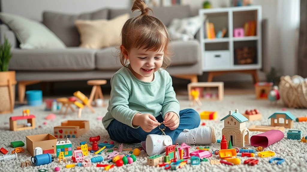 A young child sitting on a living room floor surrounded by colorful miniature doll accessories, smiling and arranging tiny items with focused concentration