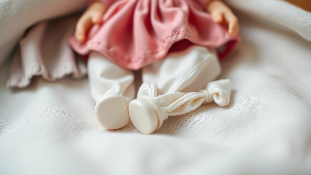 Close-up of delicate doll clothing items including a tiny dress, pants, and shirt neatly folded on soft fabric, showing detail and quality construction