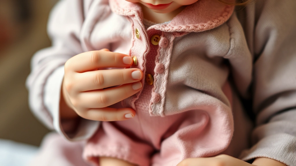 A child's hands gently dressing a doll in a small outfit, demonstrating fine motor skills and careful manipulation of buttons and fabric
