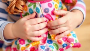 Child's hands gently dressing a doll in colorful fabric clothing, showing care and concentration during playtime
