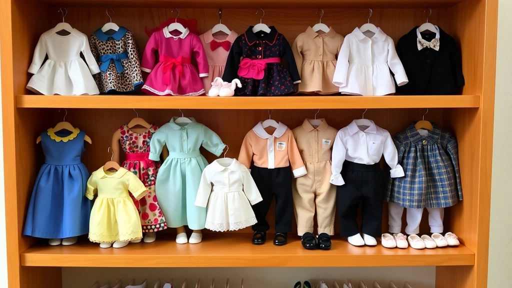 Organized collection of miniature doll outfits in various styles displayed on a small wooden shelf, including dresses, shirts, and accessories