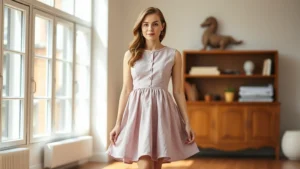 Woman wearing a vintage-inspired baby doll dress with a high waistline and flared skirt, standing in a bright, airy room with natural light, professional photography style