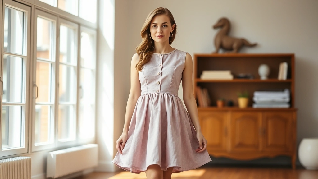 Woman wearing a vintage-inspired baby doll dress with a high waistline and flared skirt, standing in a bright, airy room with natural light, professional photography style
