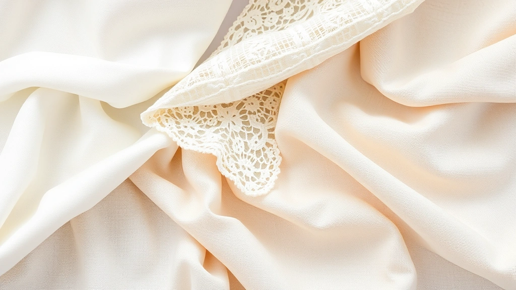 Close-up of various fabric textures including cotton, lace, silk, and linen samples draped on a neutral background, showing different material options