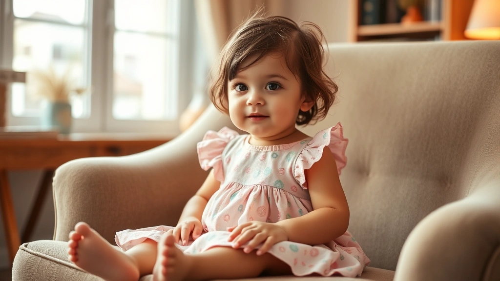 Child wearing a playful baby doll dress in pastel colors, sitting on a comfortable chair with warm, inviting home setting, candid lifestyle photography
