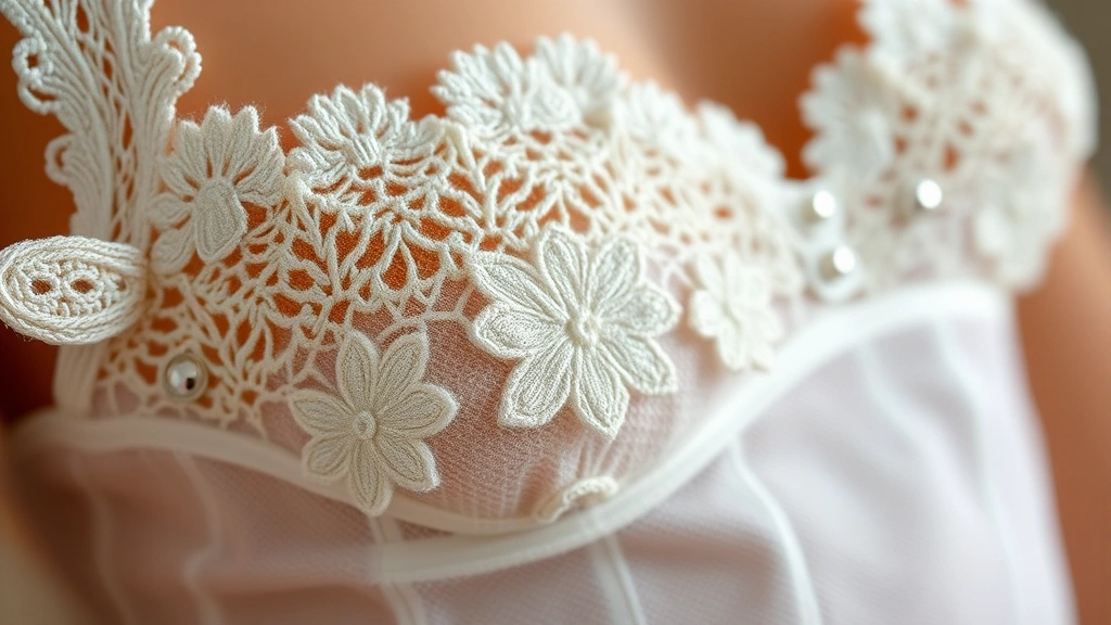 Close-up detail shot of intricate lace embellishment and delicate stitching on a baby doll lingerie piece showing texture and craftsmanship