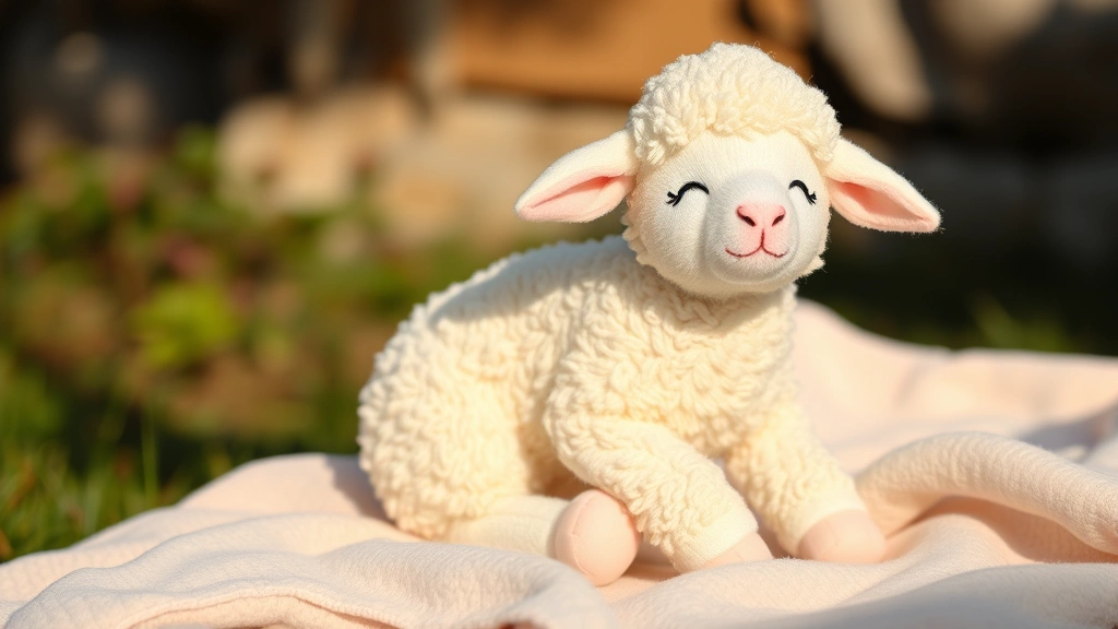 Soft, woolly baby doll sheep sitting peacefully on a pastel-colored blanket in natural sunlight, showing realistic lamb features and gentle expression
