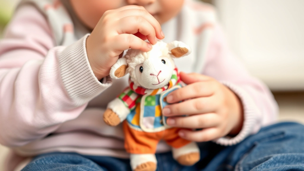 Child's hands gently dressing a small plush sheep in a tiny colorful outfit, demonstrating fine motor skill engagement during playtime