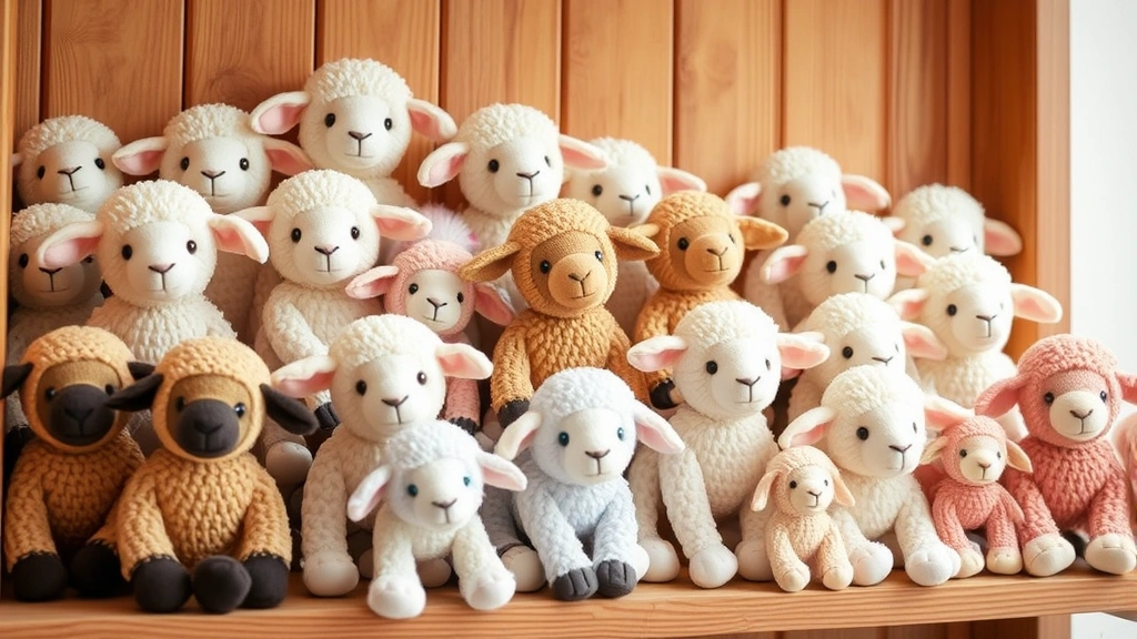 Collection of various baby doll sheep in different colors and sizes arranged on a wooden shelf with soft natural lighting, showcasing toy variety and aesthetic appeal