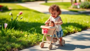 A young child with curly hair pushing a toy stroller down a sunny sidewalk, smiling while looking at a doll inside, surrounded by green grass and flowers
