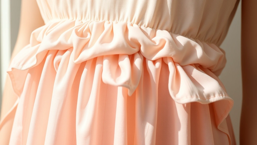 Close-up detail shot of a baby doll top's empire waistline with delicate ruching or gathering, showing the fabric transition from fitted to flared silhouette, in soft natural lighting.