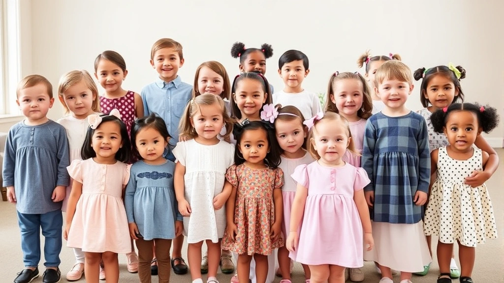 A diverse group of children of different ages wearing various styled baby doll tops, from casual to dressy versions, in a bright, welcoming indoor setting with neutral background.