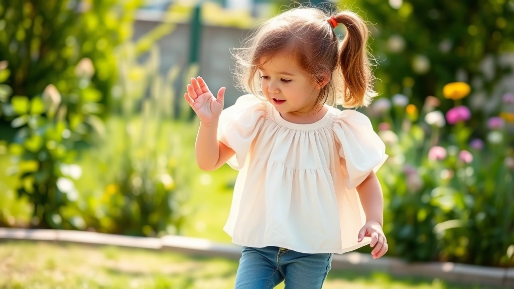 A young girl wearing a flowy baby doll top with puffed sleeves paired with soft denim jeans, playing outdoors in a sunny garden setting with natural lighting and greenery in the background