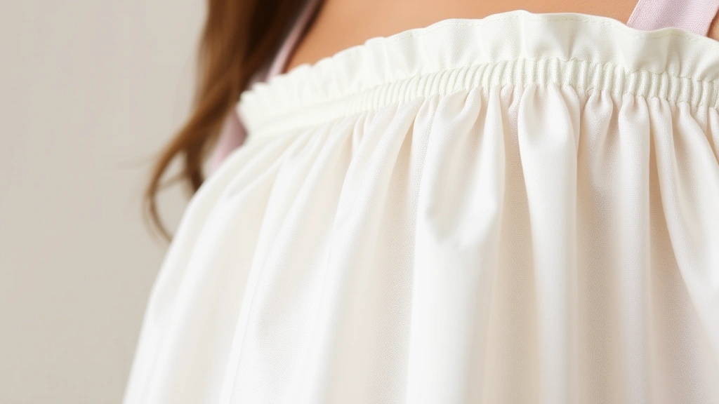 Close-up detail shot of an empire waist baby doll top showing the gathered fabric texture, delicate stitching, and soft cotton material against neutral background