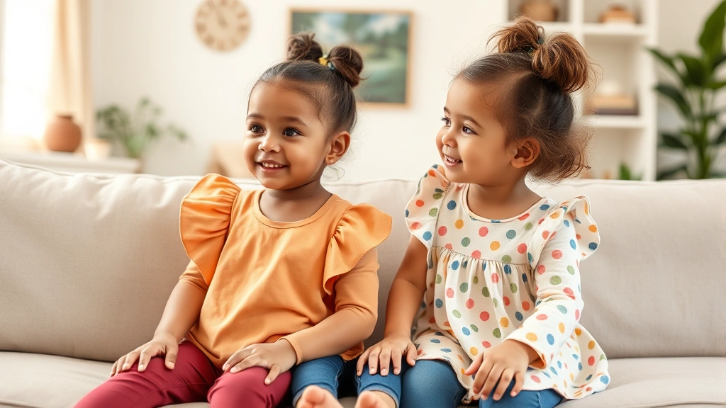 Two children wearing different styled baby doll tops - one in solid color with flutter sleeves and another in patterned fabric - sitting together on a comfortable couch in a bright living room