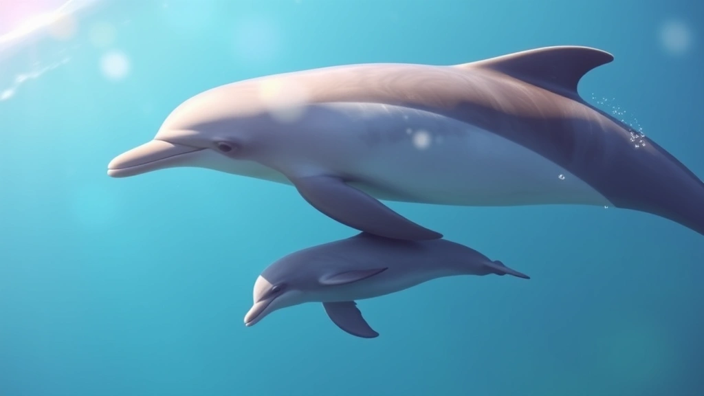 Mother dolphin swimming protectively beside her newborn calf in clear blue ocean water, sunlight filtering through, showing tender bonding moment