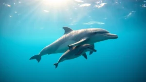 Mother dolphin swimming protectively beside a newborn calf in clear tropical ocean waters, sunlight filtering from above, underwater perspective showing their streamlined bodies and bonding behavior.