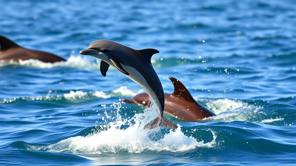 Young dolphin calf leaping out of the water in a playful breach, with adult dolphins visible in the background, ocean spray glistening, energetic and joyful movement captured mid-action.