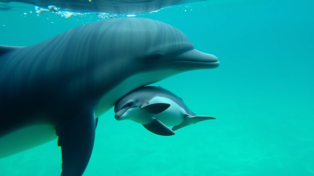 Baby dolphin calf nursing from mother underwater, showing maternal care and nurturing bond in natural marine environment