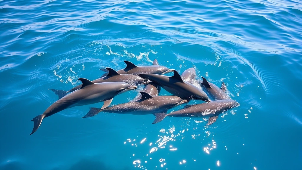 Pod of baby dolphins playing together near the surface of blue ocean water, engaging in social interaction and synchronized swimming movements, natural marine habitat setting with sunlit waters.