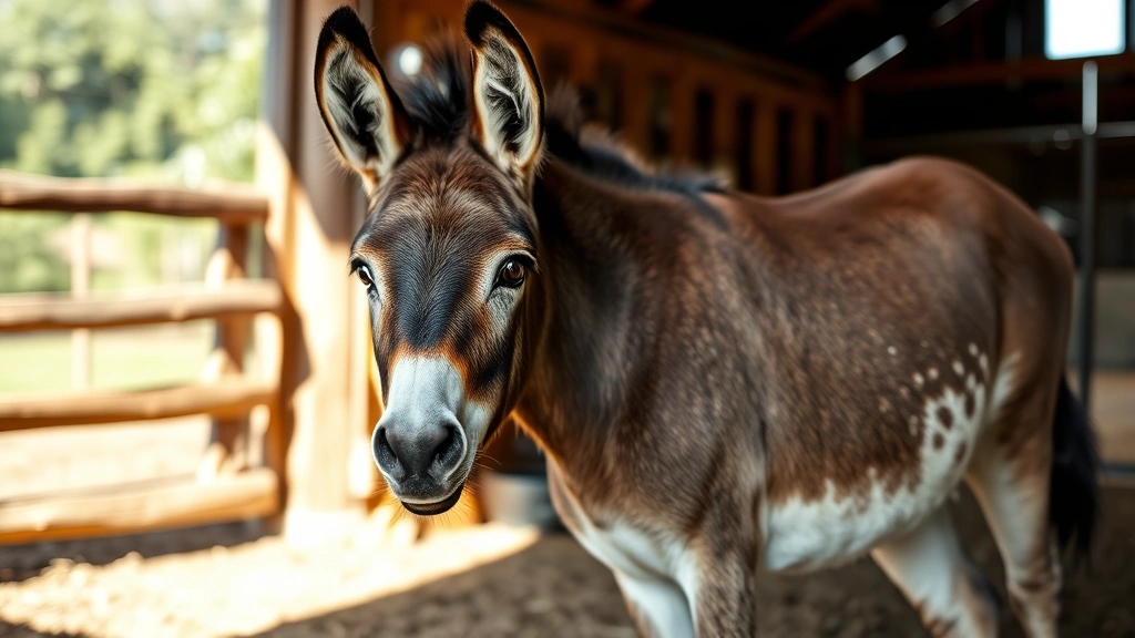 A newborn donkey foal standing beside its mother jenny in a sunlit barn, both looking at the camera with gentle expressions, rustic wooden fence visible in background