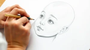 Close-up of artist's hands sketching a baby's face with light pencil strokes on white paper, showing detailed facial guidelines and proportions
