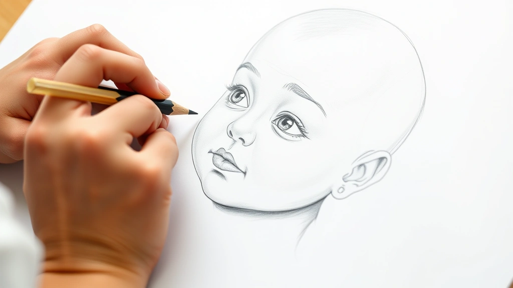 Close-up of artist's hands sketching a baby's face with light pencil strokes on white paper, showing detailed facial guidelines and proportions