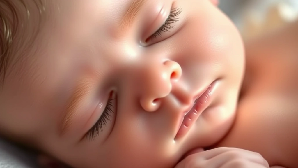 Soft, photorealistic illustration of a sleeping newborn baby's face with gentle shading, showing round cheeks, closed eyes, and delicate features in natural light